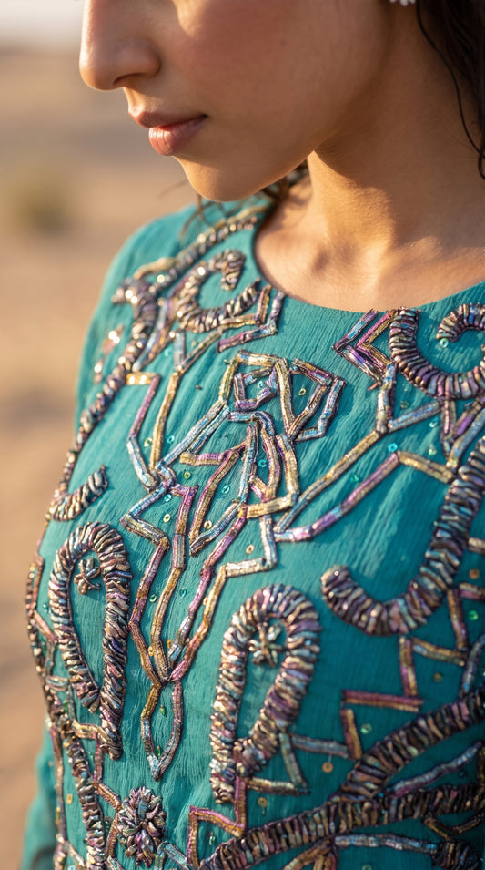 Teal Gota Elegance – Embellished Krinkle Chiffon 2 Piece Suit