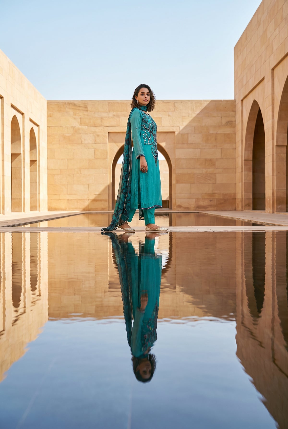 Teal Gota Elegance – Embellished Krinkle Chiffon 2 Piece Suit