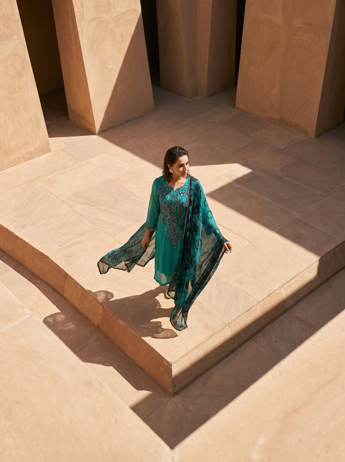 Teal Gota Elegance – Embellished Krinkle Chiffon 2 Piece Suit