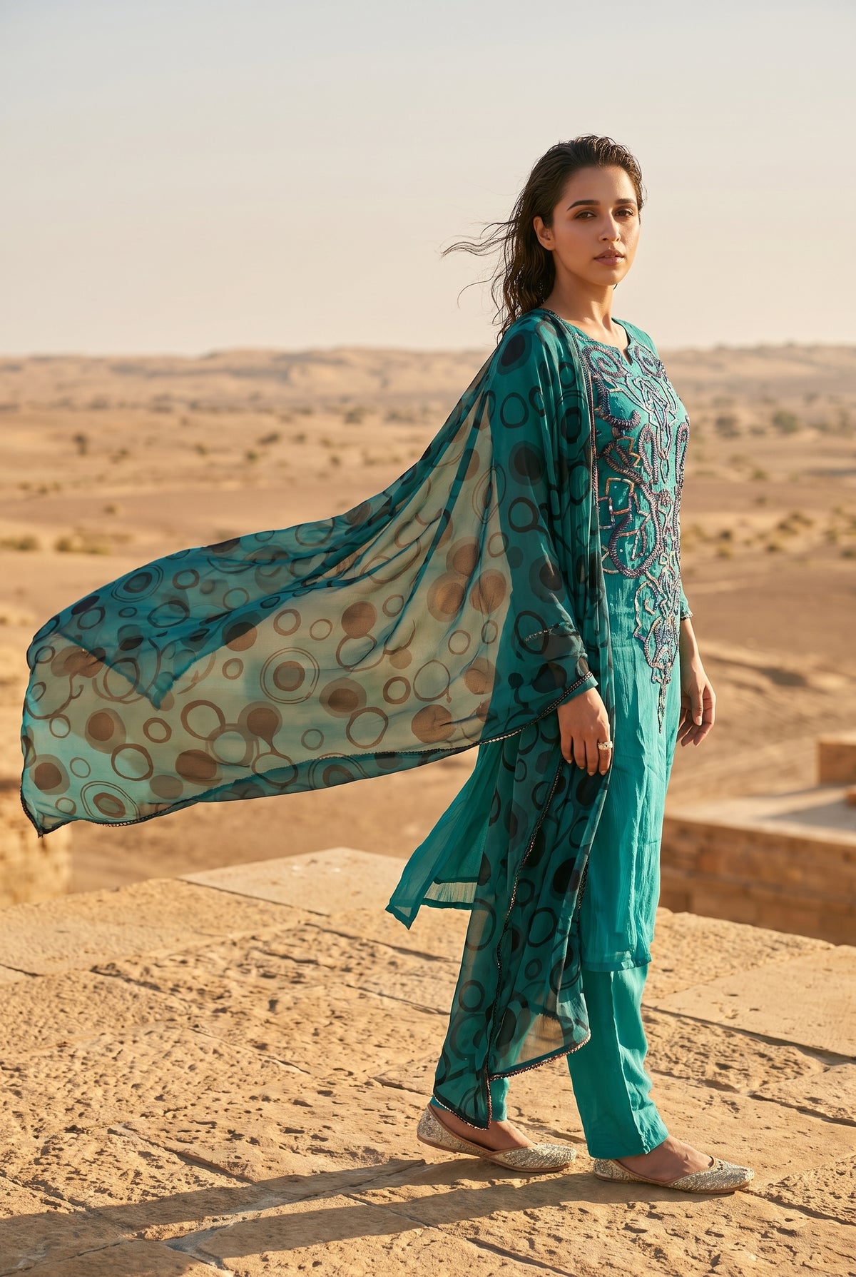 Teal Gota Elegance – Embellished Krinkle Chiffon 2 Piece Suit