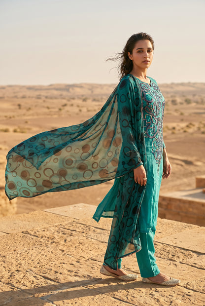 Teal Gota Elegance – Embellished Krinkle Chiffon 2 Piece Suit