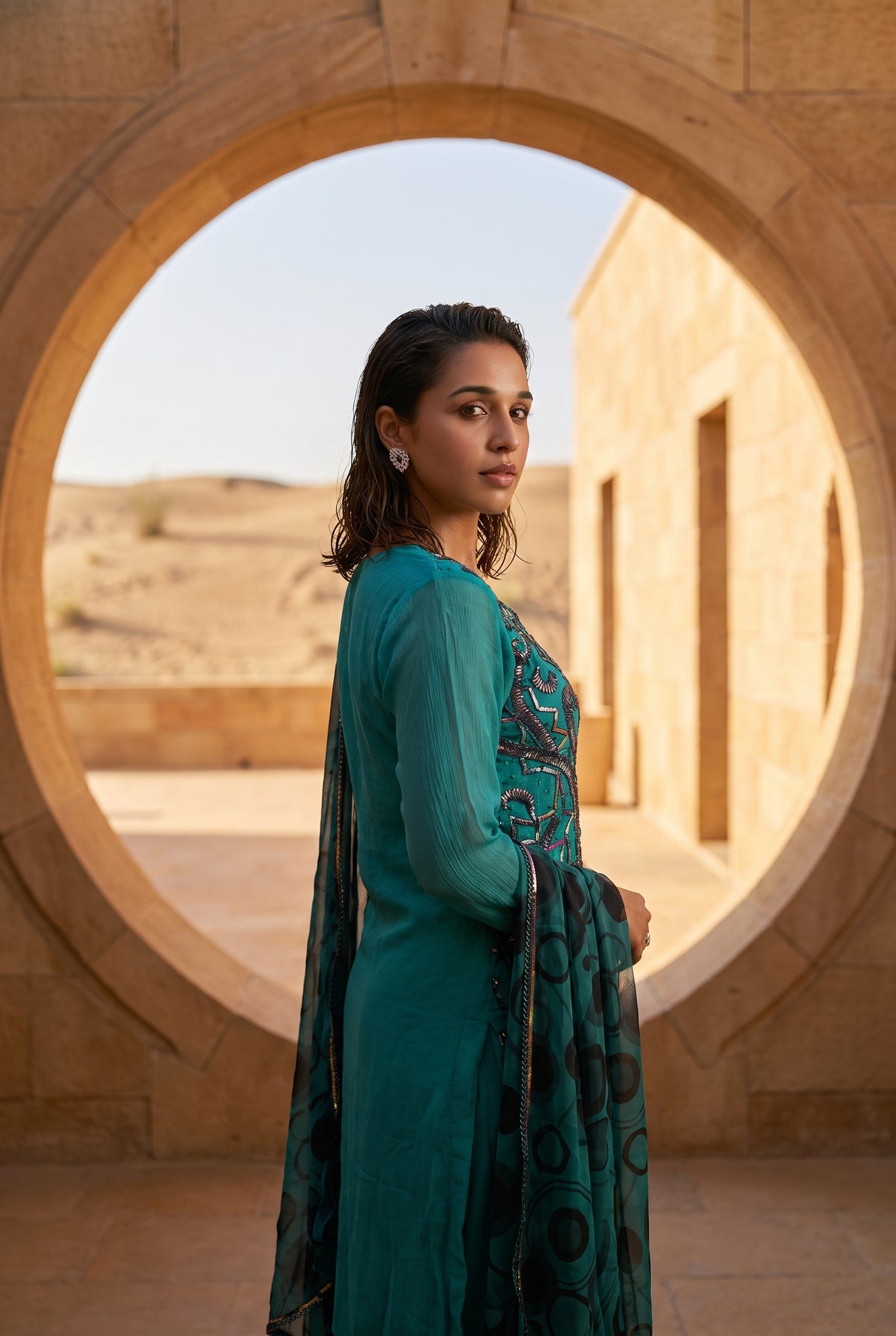 Teal Gota Elegance – Embellished Krinkle Chiffon 2 Piece Suit