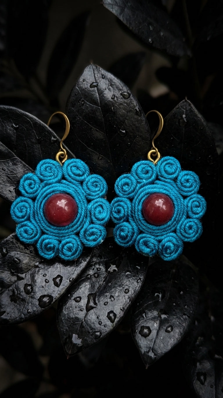 Teal Rosette – Handwoven Thread Drop Earrings