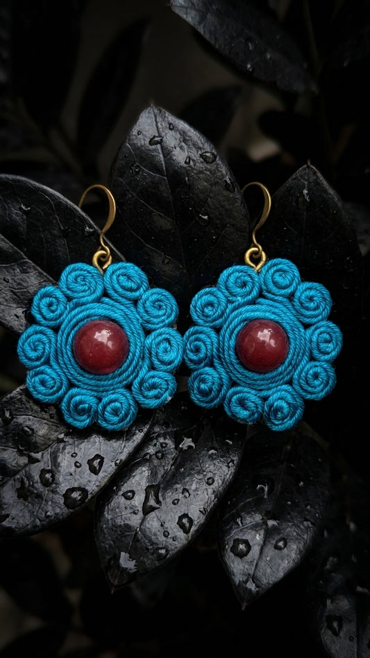 Teal Rosette – Handwoven Thread Drop Earrings