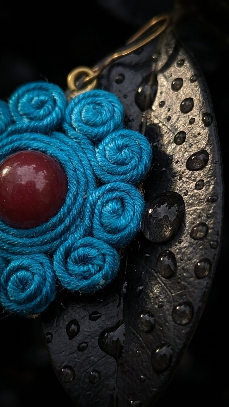 Teal Rosette – Handwoven Thread Drop Earrings