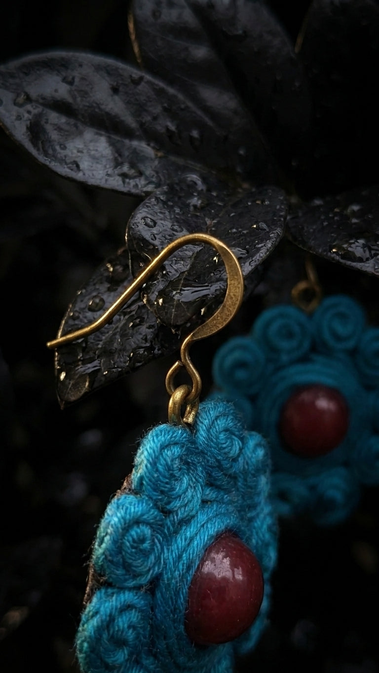 Teal Rosette – Handwoven Thread Drop Earrings