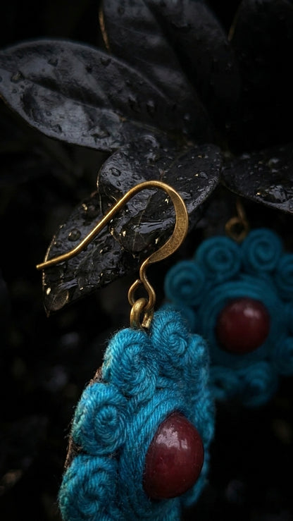 Teal Rosette – Handwoven Thread Drop Earrings