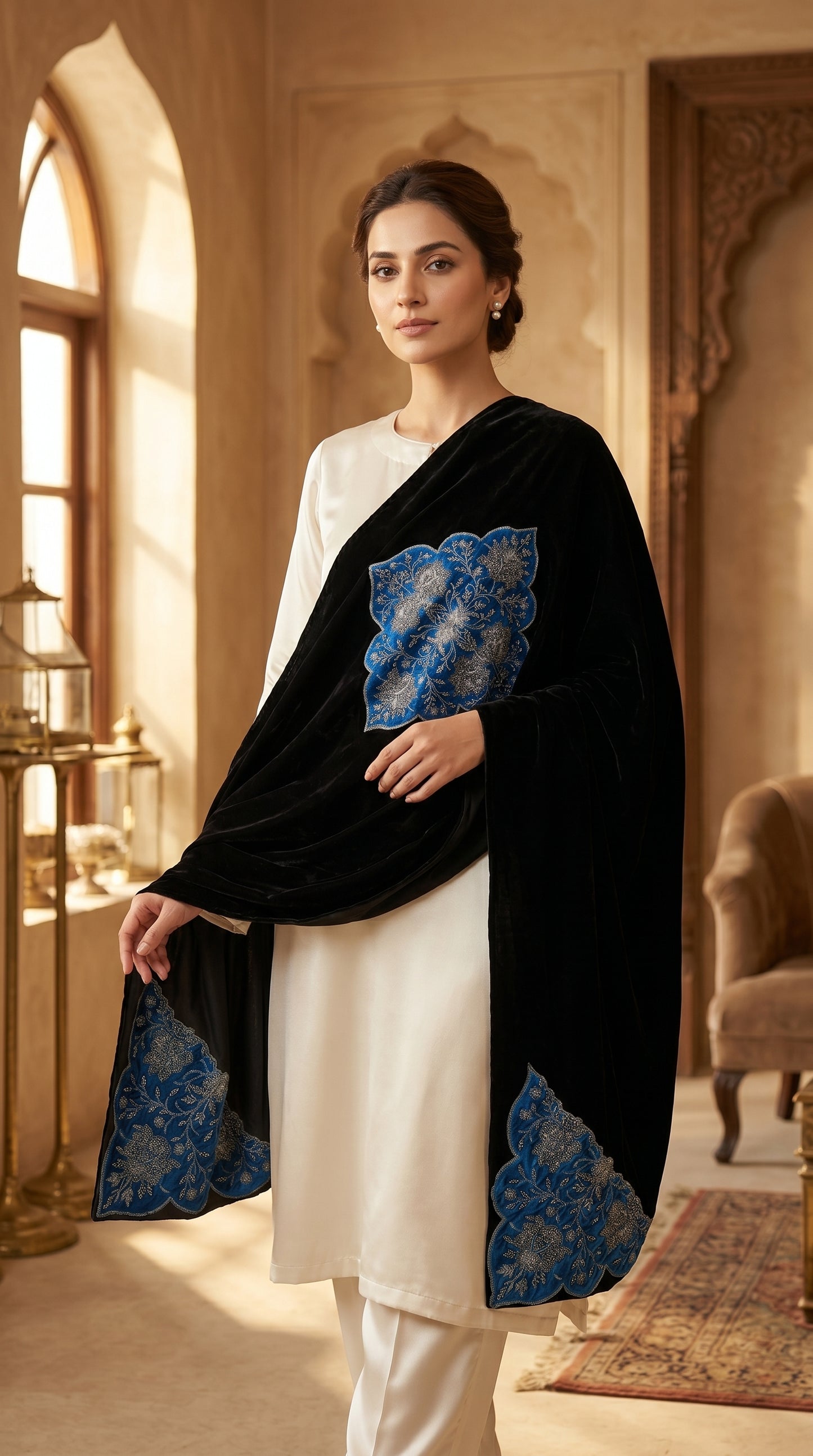 Signature Embroidered Shawl – Velvet Royal Sapphire