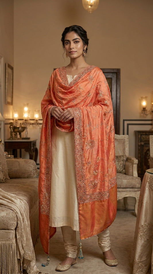 Signature Embroidered Shawl – Coral Peach