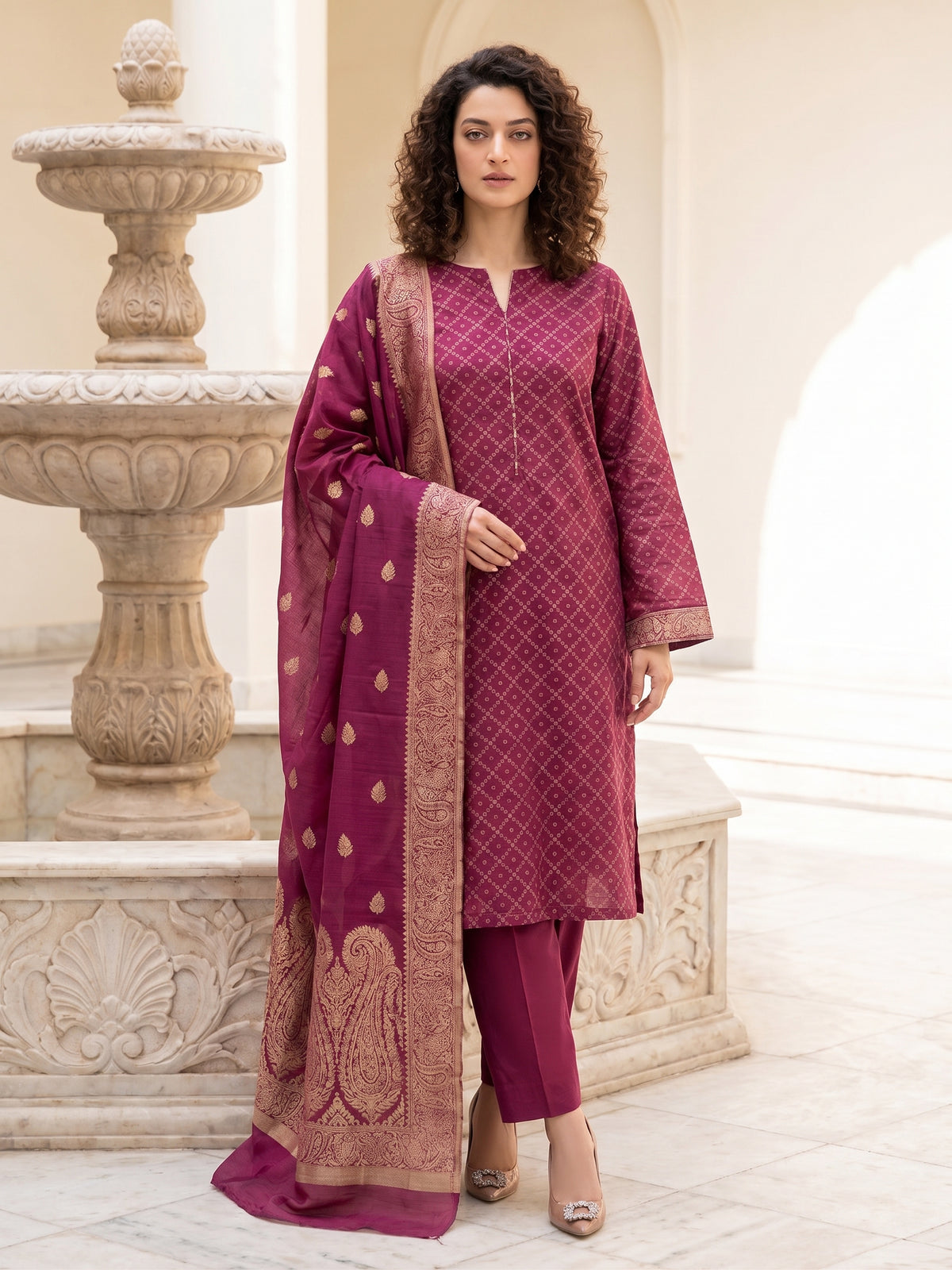 Wine Marble – Khaadi Silk Lawn Brosha 3 Piece Suit