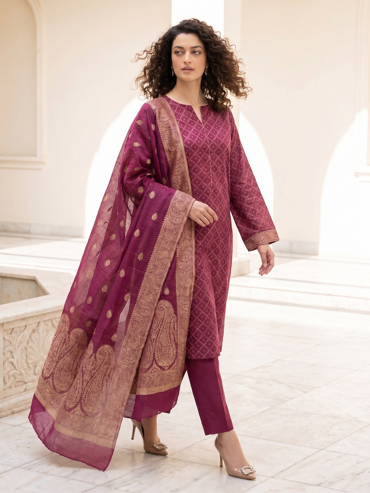 Wine Marble – Khaadi Silk Lawn Brosha 3 Piece Suit