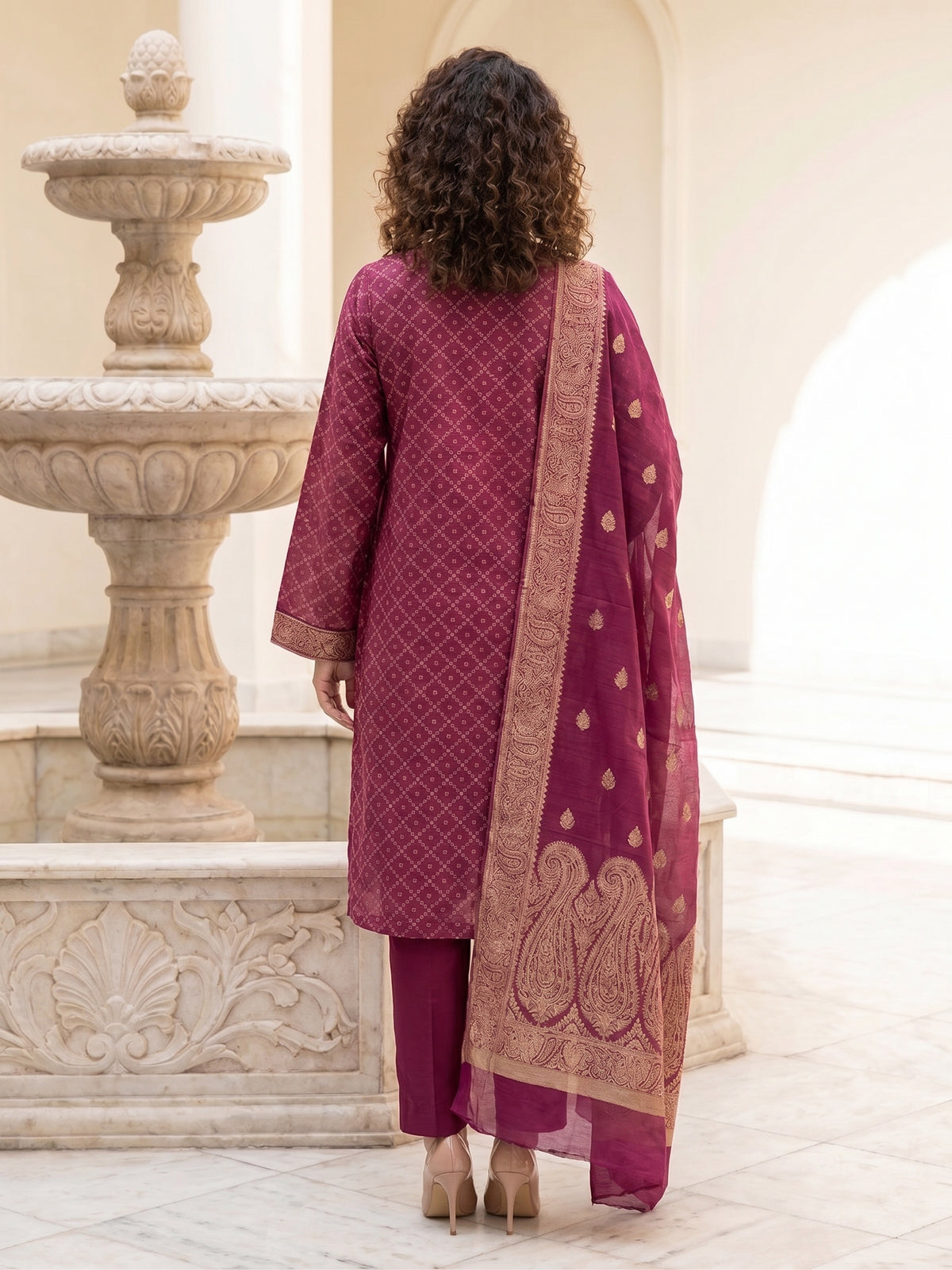 Wine Marble – Khaadi Silk Lawn Brosha 3 Piece Suit