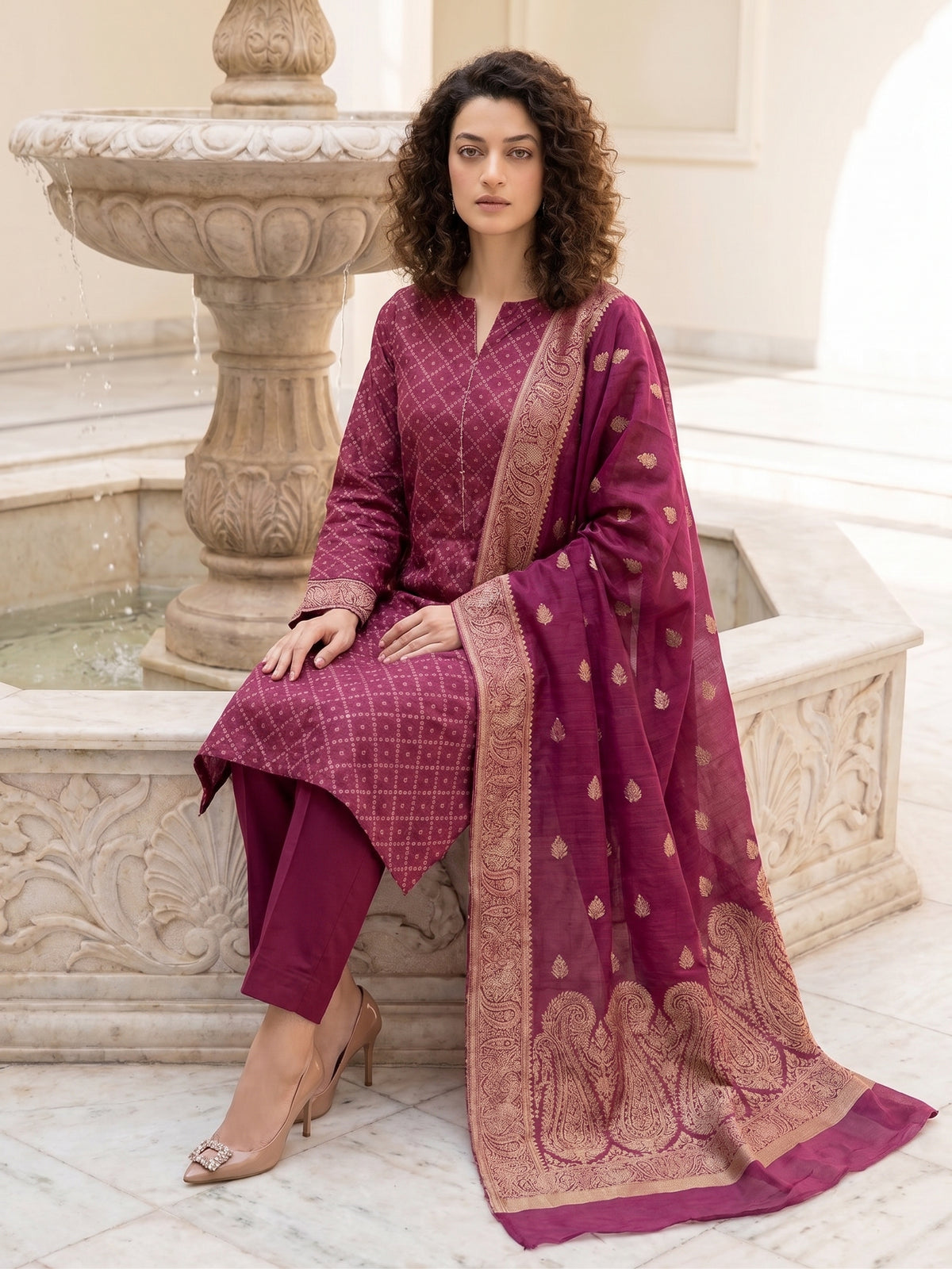Wine Marble – Khaadi Silk Lawn Brosha 3 Piece Suit