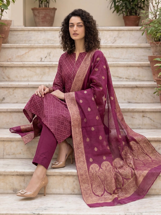 Wine Marble – Khaadi Silk Lawn Brosha 3 Piece Suit