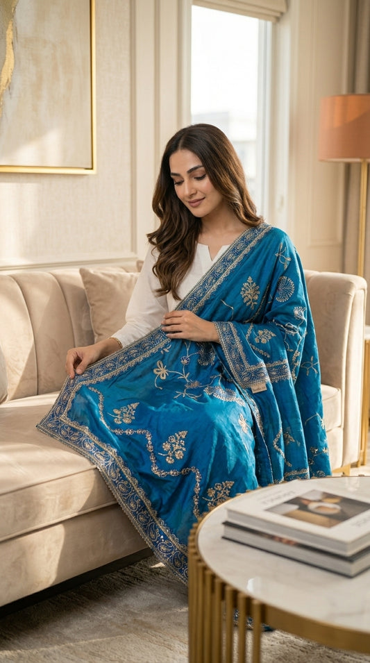 Signature Embroidered Shawl – Royal Blue
