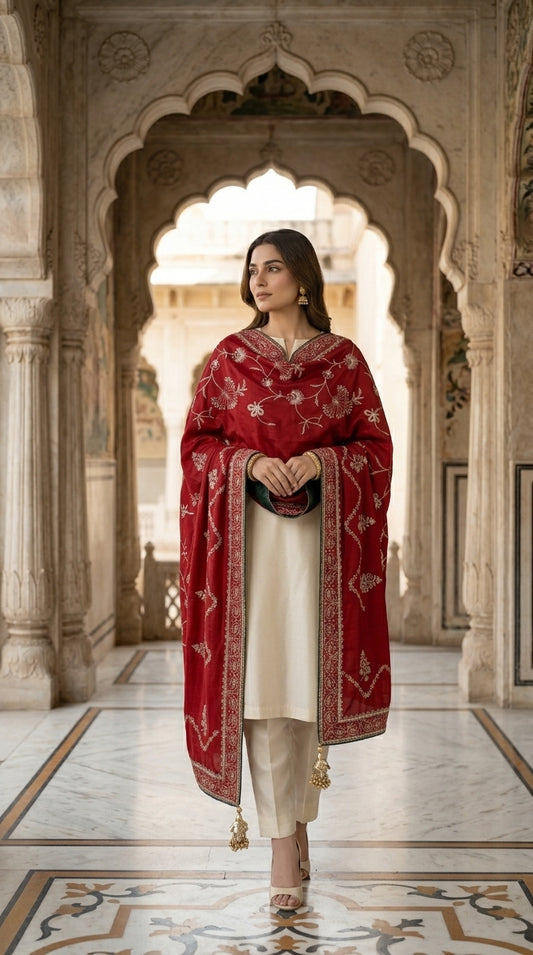 Signature Embroidered Shawl – Ruby Red