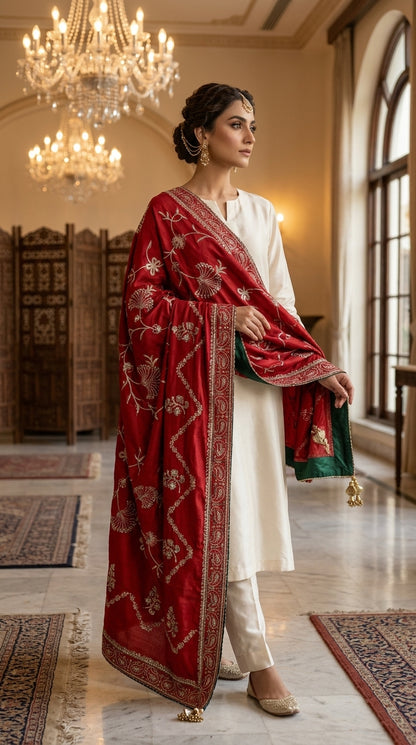 Signature Embroidered Shawl – Ruby Red