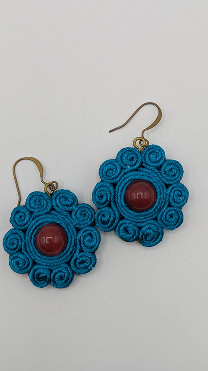 Teal Rosette – Handwoven Thread Drop Earrings